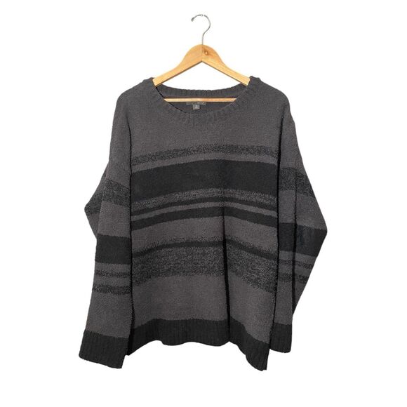 Barefoot Dreams CozyChic Crew Sweater Pullover Size 1X‎ Black Gray Stripe - Picture 1 of 6